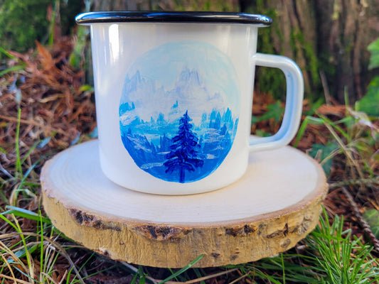 Enamel mug: Misty mountains (blue)