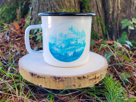 Enamel mug: Misty mountains (turquoise)